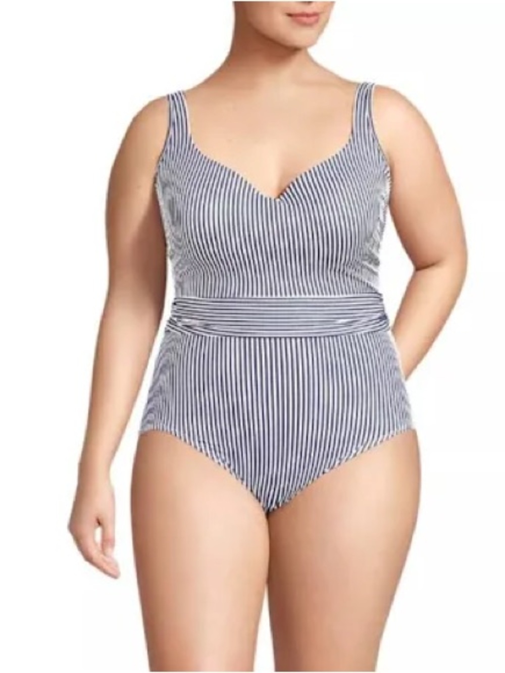Lands End Striped One-Piece Swimsuit in Navy and White